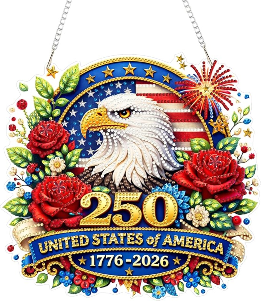 250th Anniversary USA Diamond Art Hanging Kit for Adults, DIY Patriotic Diamonds Painting Door Hanger Board Kit, Crystal Diamond Art Painting Pendant Ornament (Fourth of July Eagle)